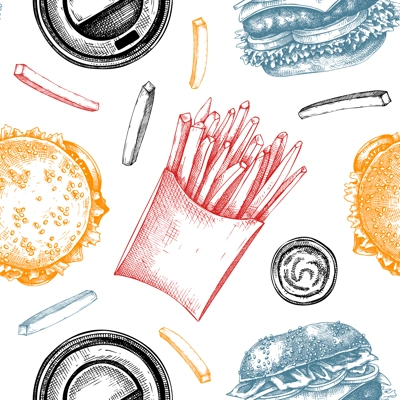 Fast food restaurant background. Street food seamless pattern. Hand drawn vector illustration. For takeaway food or delivery service. Burger, French fries, coffee sketches
